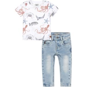 Koko Noko - Kledingset(2delig) - Bleu jeans used look - Shirt Wit met zeedieren - Maat 134