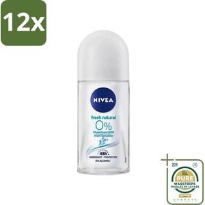 Nivea - Roll-On - Alu Free - Fresh Natural - 0% Aluminum - 50 ml - Voordeelverpakking - 12 stuks - Natuurlijke deodorant - Deodorant voor gevoelige huid