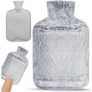 Warmwaterkruik met kangoeroe knuffelzachte bonthoes - 2 liter - lekvrij - grijs - pijnverlichting - cadeau voor vrouwen