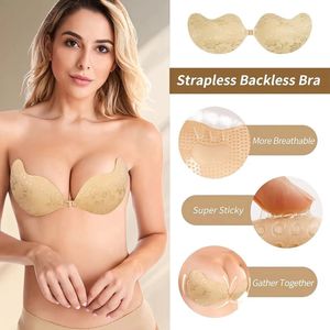 Sara Shop / plak BH /Onzichtbare Push Up Bh Zelfklevende / beha Backless Strapless / Gel sticky Solid -Cup-C / Beige-Topkwaliteit