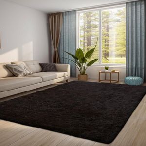 JGS® - Luxueus Zwart Woonkamer Tapijt 160 x 230 cm Pluizig en Zacht Modern Design Antislip en Wasbaar -