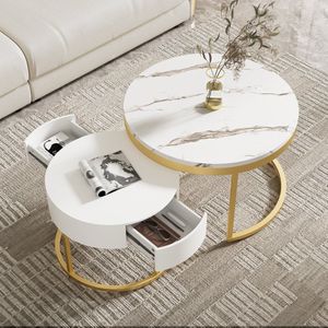 Moderne ronde salontafel set van 2 - salontafel met marmerprint en 2 laden voor woonkamer balkon kantoor - goud stevig metalen frame - afmeting 70 cm en 50 cm - wit