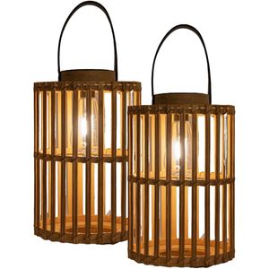 Anna's Collection Solar lantaarn - 2x - voor buiten - D20 x H32 cm - bamboe hout - tafellamp