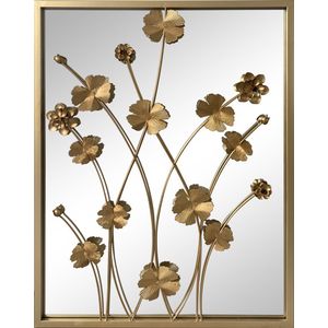 LW Collection wandspiegel goud rechthoek 61x70 cm metaal - grote spiegel muur - industrieel - woonkamer gang - badkamerspiegel - muurspiegel slaapkamer gouden rand - hangspiegel met luxe design met bloemen