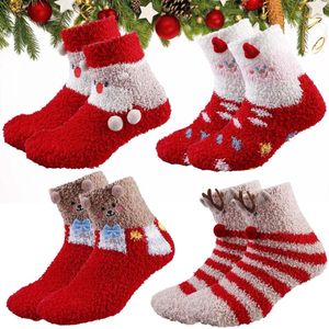 Kerstsokken voor dames - 4 paar warme knuffelsokken met pluizig rendier en sneeuwvlok design - Rood 35-40 Große Größen