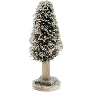 Kerstboom met lampjes en sneeuw - groen op hout - ↑30 cm / ⌀ 10 cm