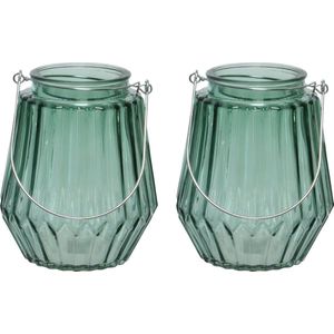 2x stuks theelichthouders/waxinelichthouders streepjes glas zeegroen met metalen handvat 11 x 13 cm - Windlichtjes/kaarsenhouders