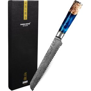 Shinrai Japan - Japans Broodmes 20 cm - Koksmes - Damascus Mes Epoxy Sapphire - Met Luxe Geschenkdoos