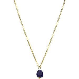 Lucardi Dames Stalen goldplated ketting met saffier - Ketting - Staal - Goudkleurig - 45 cm