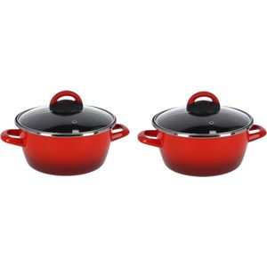 Set van 2x stuks rvs rode kookpan/pannen Cuenca met glazen deksel 16 cm 1 liter