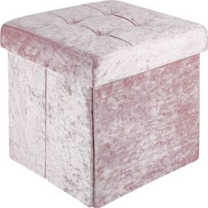 Intirilife Opvouwbaar krukje 30x30x30 cm in fluweel rosé - Zitkubus met opbergruimte en deksel met fluwelen hoes - Zitkubus voetensteun opbergkist zitbank