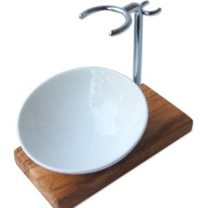 D.O.M. Klassieke Scheerkwast Houder PLUS met Porseleinen schaal – Luxe Design met Olijfhout