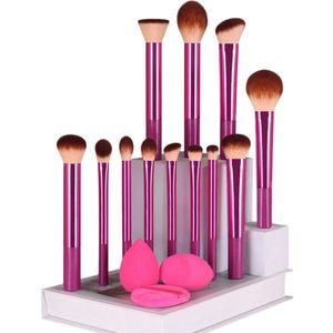S&E 15-delige Make-up Borstelset met Make-up Spons en Poeder Puff – Compleet Set voor Foundation, Blush, Oogmake-up en Highlighter - Roze
