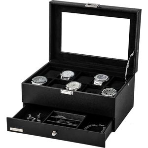 Horlogebox voor heren - 10 vakken - horlogeetui - uitneembaar horlogekussen - glazen deksel - sieradenvitrine - uitneembaar dienblad - opslag en presentatie - zwart