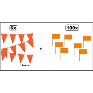 6x Vlaggenlijn Oranje 10 meter + 100x cocktailprikker Oranje - Thema feest Koningsdag EK Voetbal festival oranje evenement verjaardag