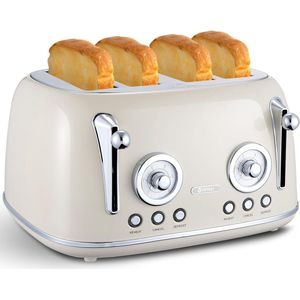 Broodrooster 4 Sneden - Broodrooster Lange Sleuf - Broodrooster - Toaster - Extra Lange Sleuven - Longslot - Warmteniveaus - RVS - Voor Heerlijke Boterhammen - Ontdooi- En Opwarmfunctie - Incl. Kruimellade - Kruimelplaat - Kruimelopvang - Warmte-isol