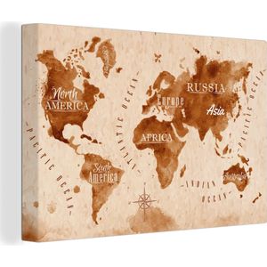 Canvas Wereldkaart - 150x100 - Wanddecoratie Wereldkaart - Verf - Bruin - Vintage