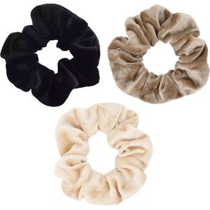 Scrunchie 3 stuks Velvet Extra Vol en Luxe - Haarelastiek Haarwokkel Zwart Lichtbruin en Beige - Kraagjeskopen.nl