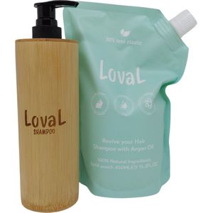 OP=OP - Loval - Starterset - Organische shampoo met argan olie (navulzak 450ML) en Loval hervulbare bamboe dispensers (200ML) - Shampoo en Conditioner zonder sulfaten, parabenen, siliconen en minerale olieën