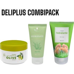 Deliplus Cream con Aceite de Oliva |Combipack | Bodycrème - Crème Met Olijfolie 250ml | Handcrème - Cream de Manos Hidratante Aloe Vera 75ml| Voetcrème - Cream de Pies Hidratante Anti Sequedad 125ml | Uit Spanje