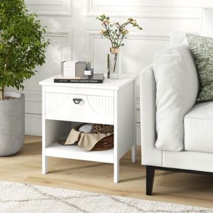 FURNIBELLA-Nachtkastje met 2 Lagen, Lade en Open Plank – Houten Bijzettafel en Salontafel (Wit)
