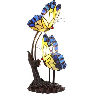 HAES DECO - Tiffany Tafellamp 24x17x47 cm Blauw Geel Glas Kunststof Vlinders Tiffany Bureaulamp Tiffany Lampen Glas in Lood