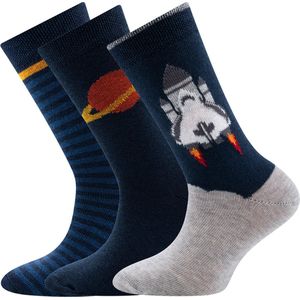 Ewers Kindersokken Ewers - Set / 3-Pack - Spaceshuttle & Streepjes & Saturnus/Planeet - Donkerblauw & Lichtgrijs & Oker-23/26