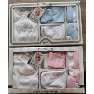Petit Villain Cadeusets - Prinsje + Prinsesje - 2x 5-delige cadeauset prins(es)je - Tweeling jongen en meisje - blauw en roze
