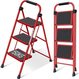 3-traps ladder, vouwladder met antislip en breed pedaal, kleine ladder met handvat, zware stalen ladder, lichtgewicht en draagbare trapladder, rood