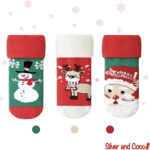 SilverAndCoco® - 3 Paar Baby Kinder Kerstsokken 0 tot 1 Jaar met Anti Slip Zool / Vrolijke Happy Kerst Sokken Kerstman / Dikke Warme Huissokken Kerstcadeau kinderen / Wintersokken jongens meisjes Kleding Cadeautje Kind Sokjes