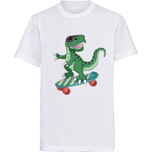 Dinosaur skateboard skating with sunglasses - Dino T-shirt - T-shirt kinderen - Maat 152 (11 - 12 jaar)