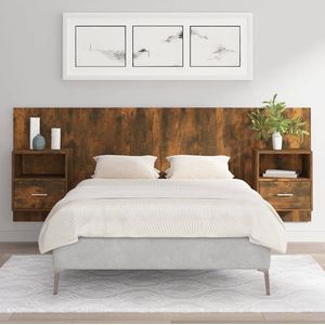 The Living Store Nachtkastje met hoofdbord - Gerookt eiken - Hoge kwaliteit hout - Wandmontage - Opbergruimte - Afmetingen- 48.5 x 32.5 x 80 cm