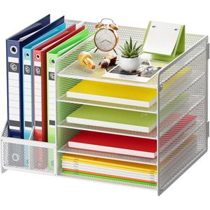 PolkaHome Bureau Organizer met Ordnerhouder, 5 Lagen Brievenbakje, Bureau-Opbergvak met Lade en 2 Pennenhouders, Mesh Bureau-Accessoires, Tijdschriftenhouder Voor Huis Kantoor (Wit)