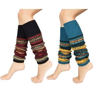 Beenwarmers voor dames, lange winter, beenwarmers, Boheemse stijl, gebreid, dikke beenwarmers, overknee, kousen, 1 of 2 paar, dansen, kous, gebreid, gehaakte sokken, legging, kerstkous - Zwart 1 paar + blauw 1 paar