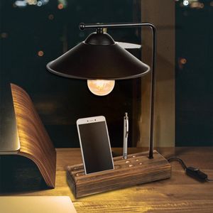 Tafellamp bureaulamp Folkestone E27 zwart en houtkleurig
