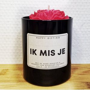 Ik mis je - Soja was geurkaars - Rode roos - Kaarsglas glanzend zwart - Vanille geur - 250 gram - 50 branduren - Geurkaars - Kaars - Kaars met tekst - Soja was – Soy wax – Handgemaakt – Cadeau – Vanilla - Geschenk – Duurzaam