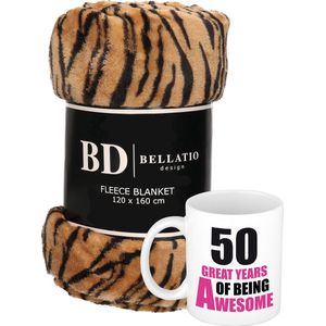 Cadeau Verjaardag 50 Jaar/ Sarah Vrouw - Fleece Plaid/Deken Tijger Print met 50 Great Years Awesome Mok
