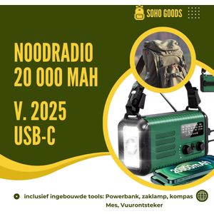 SOHO Goods Noodradio - 20000mAh powerbank - 2025 versie - USB-C aansluiting - noodpakket - Solar - opwindbare radio voor rampen - zonnepaneel - handslinger - oorlog - noodrantsoen