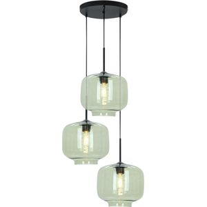 Olucia Anniek - Retro Hanglamp - 3L - Glas/Metaal - Groen;Zwart - Rond - 45 cm