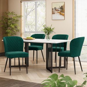 Sweiko Eettafel set, 140 x 80 x 75cm eettafel met 4 stoelen, groen fluwelen eetkamerstoelen, kussens stoel ontwerp met rugleuning, wit MDF tafelblad, V-vormige zwarte tafelpoten