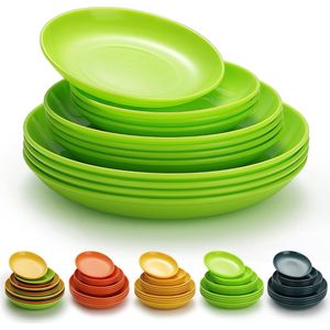 Mega set Kunststof bordenset, 12 stuks, platte borden, 3 maten, 15,5/19,5/23,5 cm, onbreekbaar herbruikbaar servies voor alle doeleinden en elke leeftijd, magnetronbestendig, vaatwasmachinebestendig