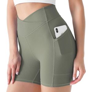 Desol Sportshorts voor dames, met zakken, hoge taille, buikcontrole, sportbroek, korte leggings, voor yoga, hardlopen, wielrennen