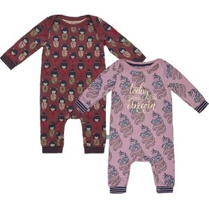 Charlie Choe - 2pack - Donkerrood - Roze - Boxpak - Salopette - Kruippakje - Babypakje - Jumpsuit - Geboortepakje - Romper - Geisha's - Unicorns - Maat 68