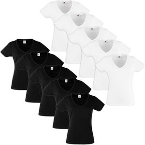 10x Fruit of the Loom Value Weight Dames V-hals T-shirt Zwart/Wit M