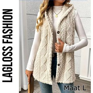 LaGloss® Dames Elegante Pluchen Vestjas met Capuchon – Ruit Geometrisch Design – Zachte Teddy Herfst/Winter Bodywarmer – Mouwloos – Abrikoos Maat S