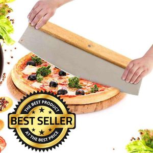 Decopatent® PRO Pizzasnijder RVS met houten handvat - Pizza Mes - Pizza snijder - Deegsnijder - Pizza verdeler wiegemes - Pizzames