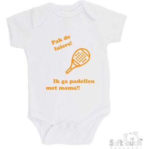 100% katoenen Romper ""Pak de luiers! Ik ga padellen met mama!!"" Padel Unisex Katoen Wit/mosterd Maat 62/68