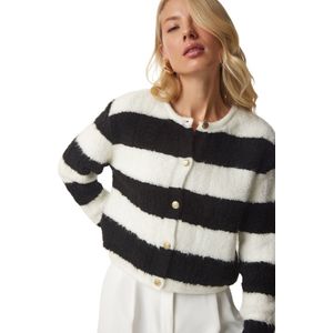 Happinessistanbul Ecru Zwart Gestreept Boucle-Gebreid Vest Voor Dames Yy00158