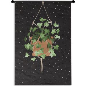 Wandkleed PlantenKerst illustraties - Illustratie van een hangende klimop plant op een zwarte achtergrond met witte stippen Wandkleed katoen 60x90 cm - Wandtapijt met foto