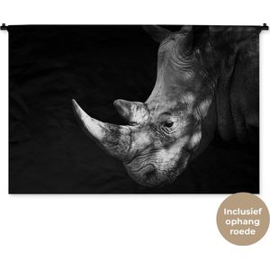 Wandkleed Dieren - Portret van een neushoorn op een zwarte achtergrond Wandkleed katoen 150x100 cm - Wandtapijt met foto